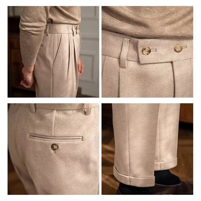 Classics Italian Naples Style Men's Suit Pants High Waisted Straight Fit Elegant Banquet Formal Business Thick Trousers Male