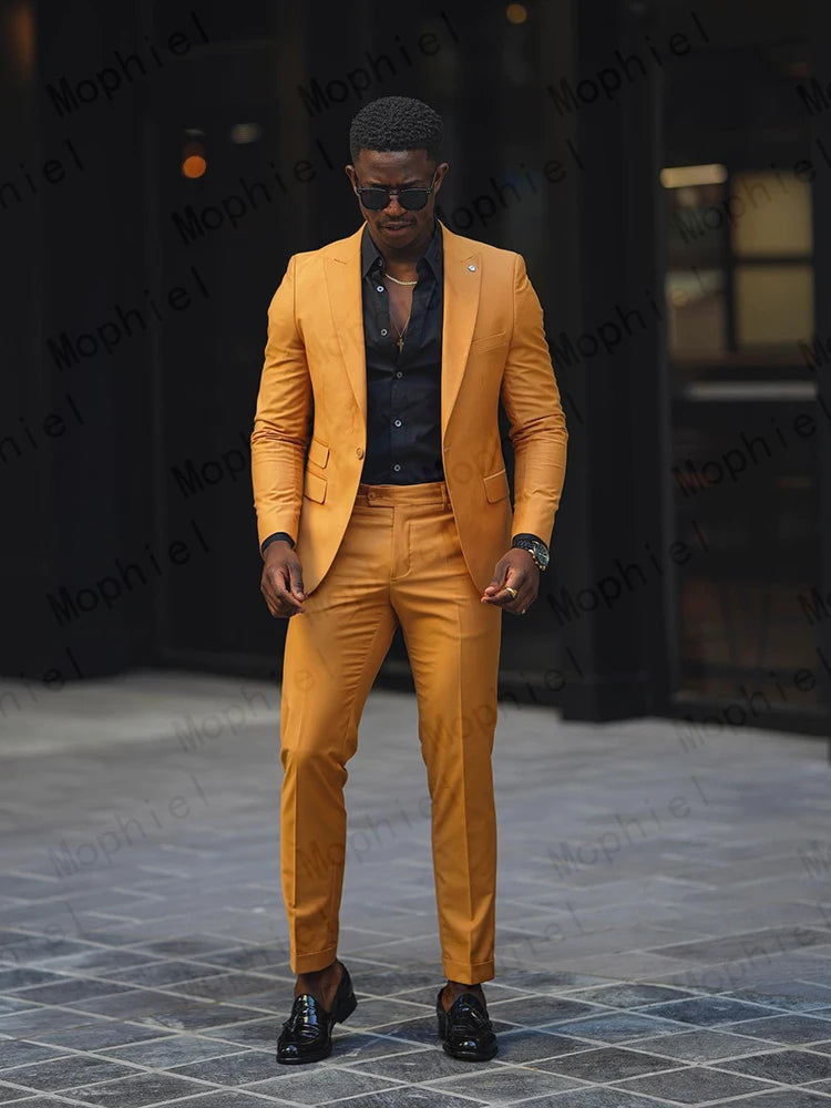 Mustard Yellow Men Suits 2Pcs Tuxedo Slim Fit Single Breasted Notched Lapel Cropped Pants for Wedding Prom Party Business Blazer