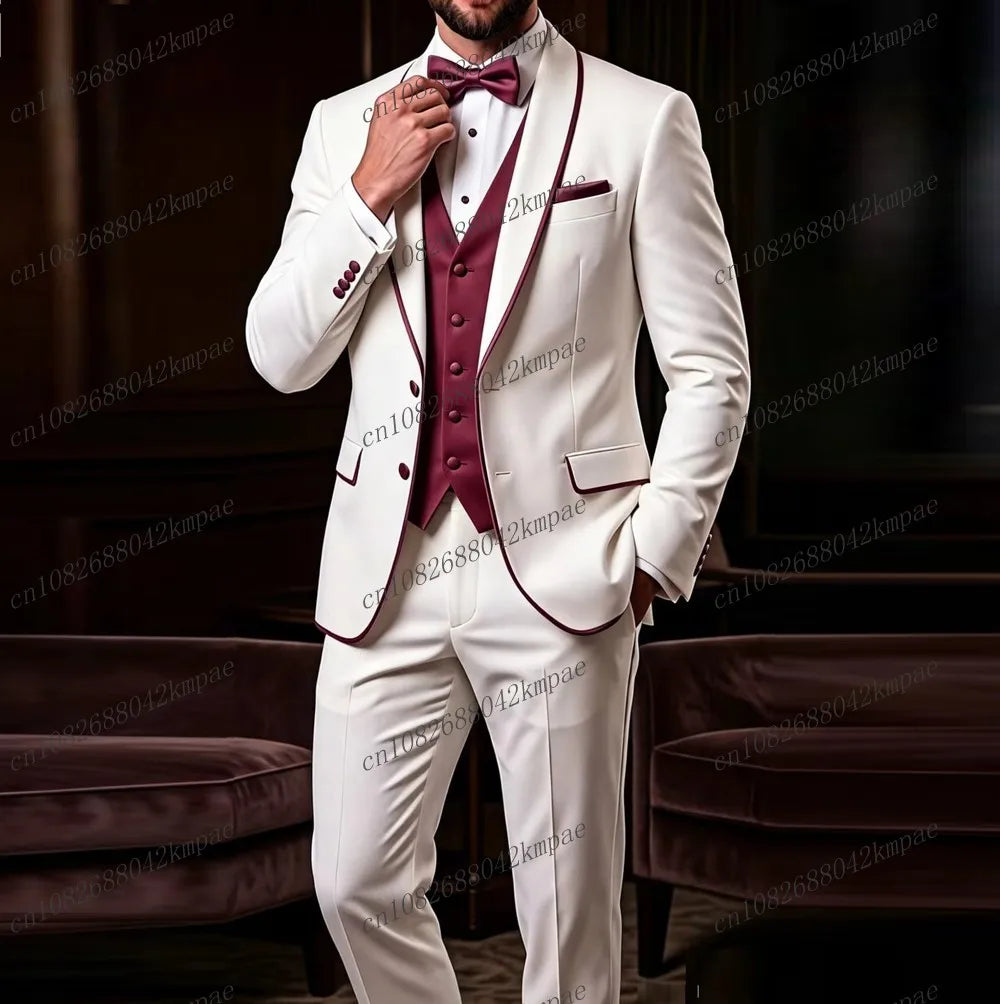 White And Burgundy New Formal Men Suit Groom Groomsman Wedding Party Prom Business Male Tuxedos 3 Piece Set Blazer Vest Pants