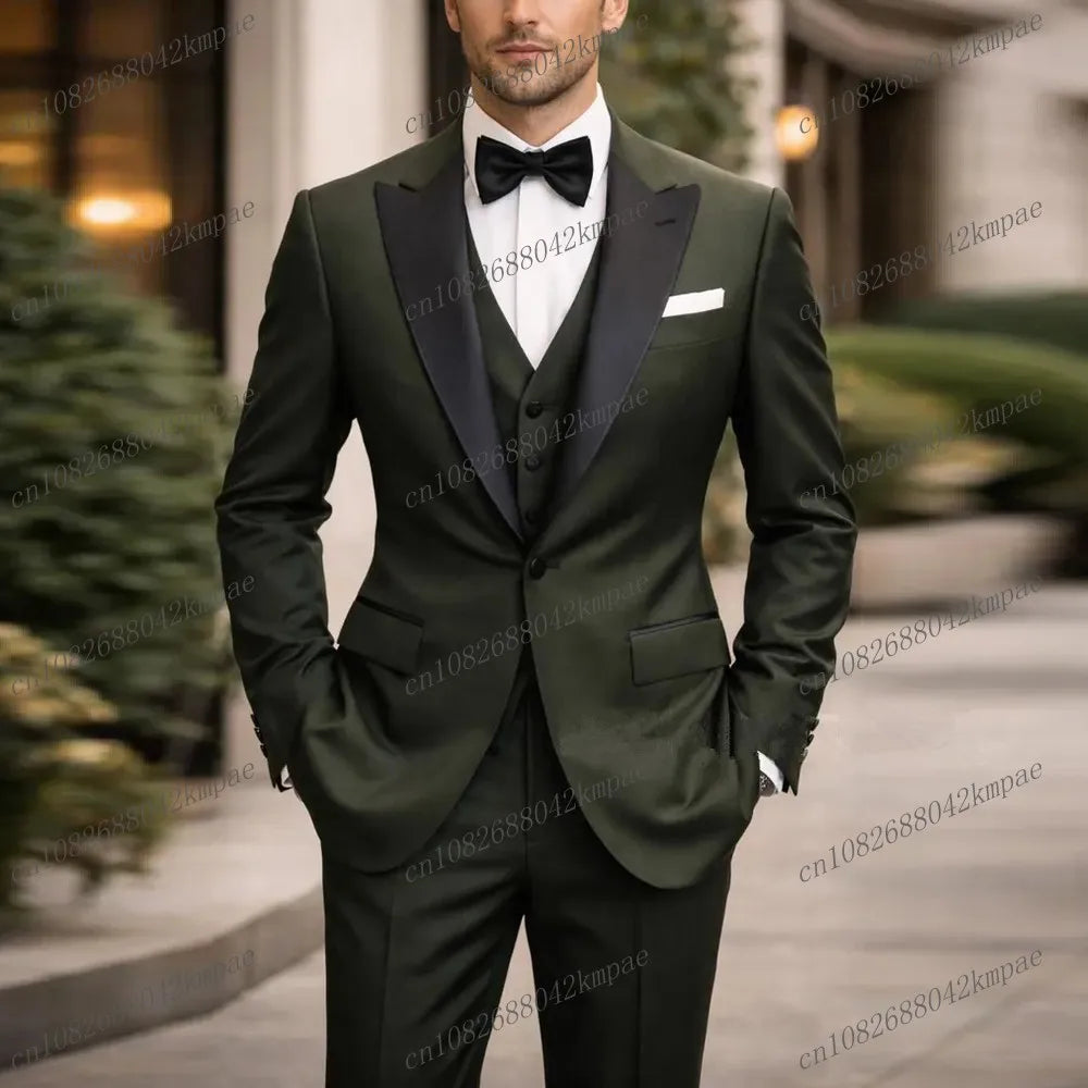 Black Collar Army Green Formal Men Suit Groom Groomsman Wedding Party Prom Male Business Tuxedos 3 Piece Set Blazer Vest Pants
