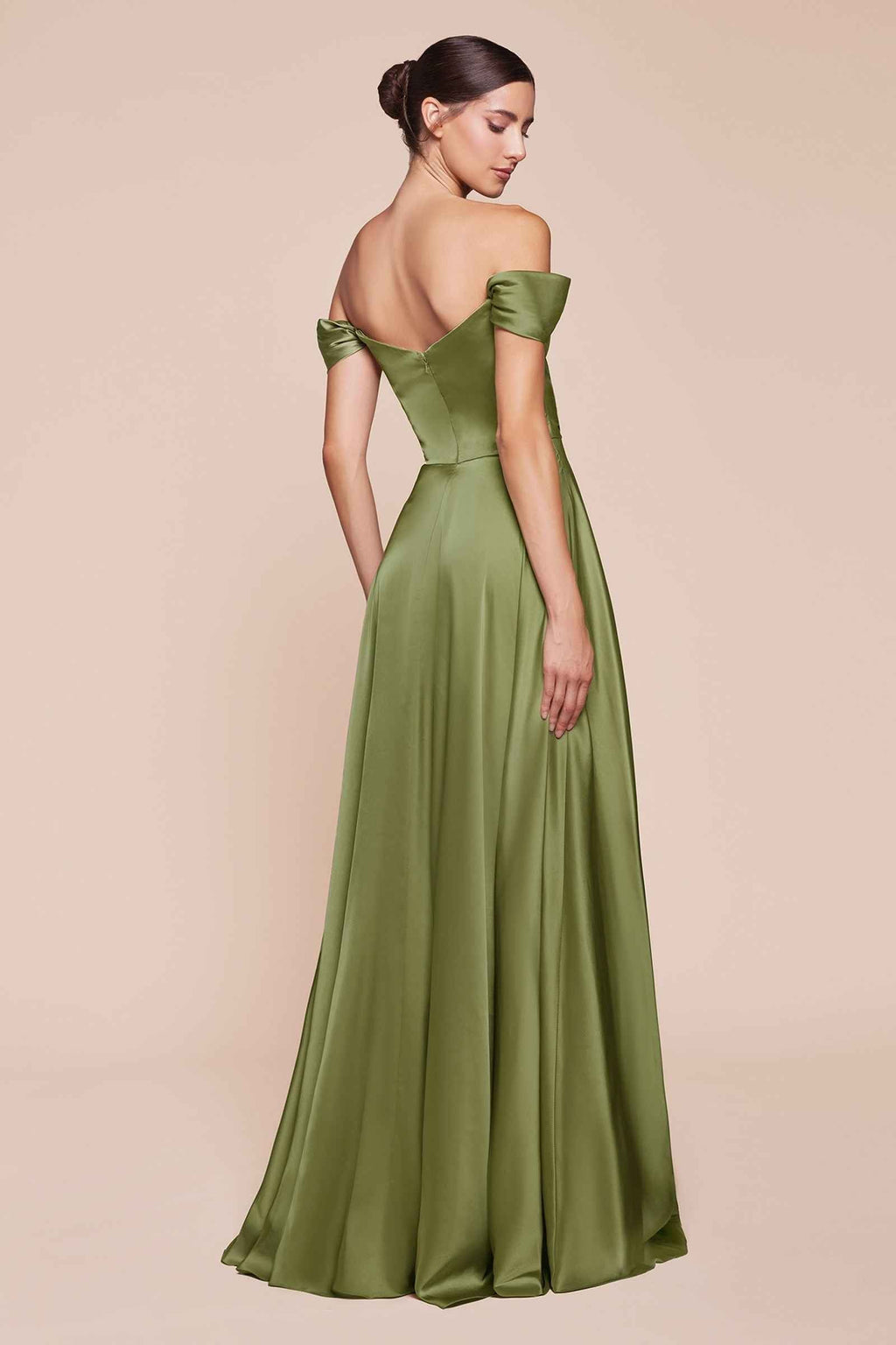 Cinderella Divine 7493C Long Plus Size A-Line Off the Shoulder Satin Dress