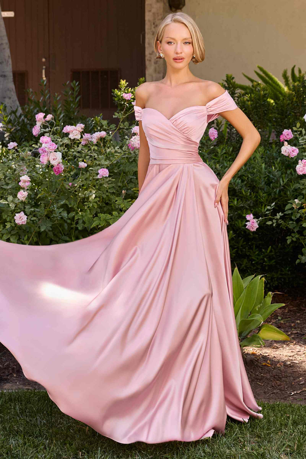Cinderella Divine 7493C Long Plus Size A-Line Off the Shoulder Satin Dress