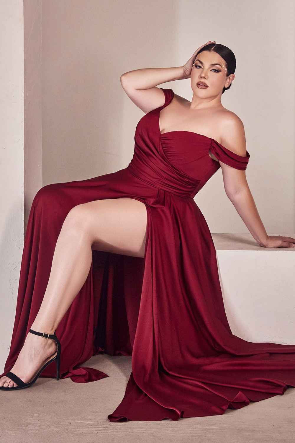 Cinderella Divine 7493C Long Plus Size A-Line Off the Shoulder Satin Dress