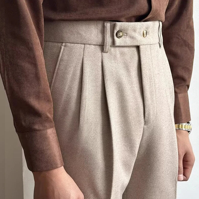 Classics Italian Naples Style Men's Suit Pants High Waisted Straight Fit Elegant Banquet Formal Business Thick Trousers Male