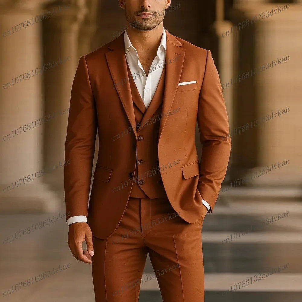 New Dark Orange Men Suit Wedding Party Formal Groom Groomsman Prom Business Male Tuxedos 3 Piece Set Jacket Vest Pants