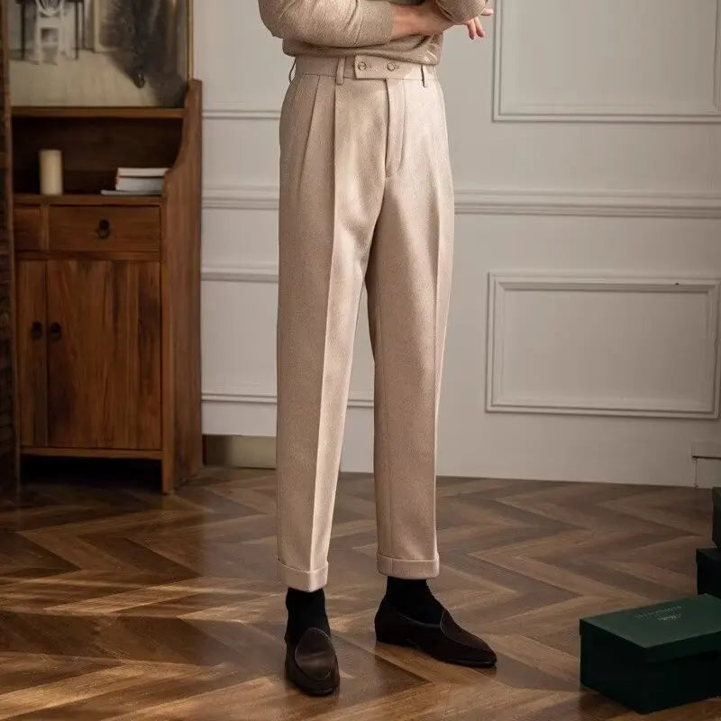 Classics Italian Naples Style Men's Suit Pants High Waisted Straight Fit Elegant Banquet Formal Business Thick Trousers Male