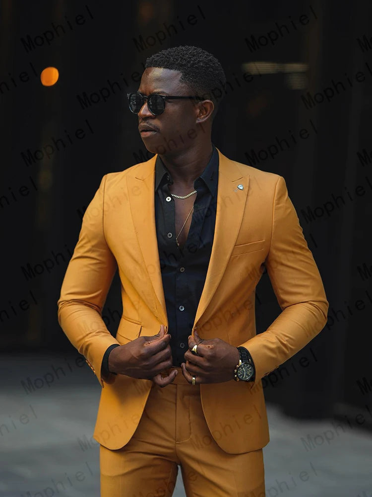 Mustard Yellow Men Suits 2Pcs Tuxedo Slim Fit Single Breasted Notched Lapel Cropped Pants for Wedding Prom Party Business Blazer