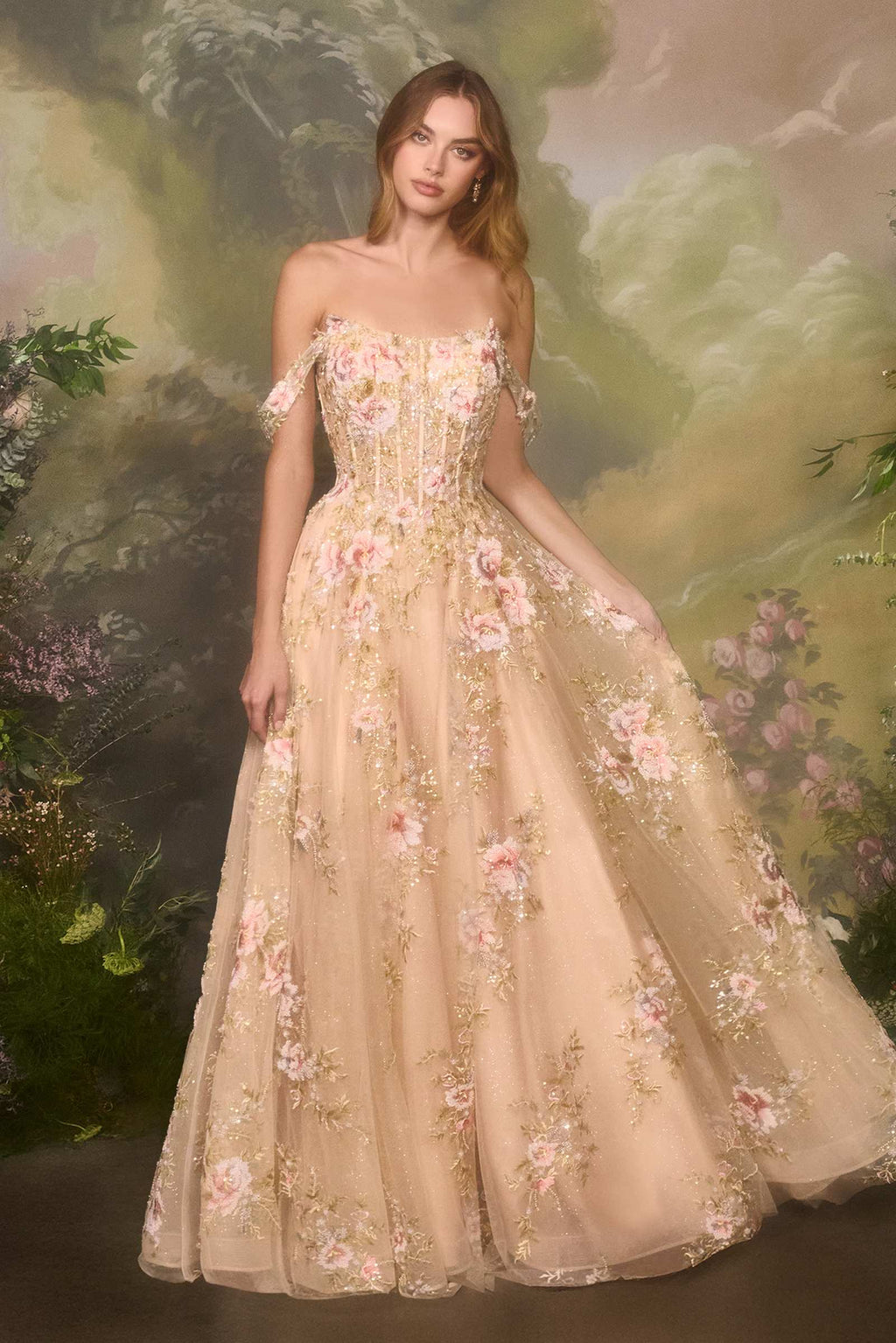 Andrea & Leo A1480 Long A-Line Floral Embroidered Straps Tulle Gown