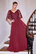 Ladivine CL10 Mother of the Bride V-Neckline Lace Bodice A-Line Gown