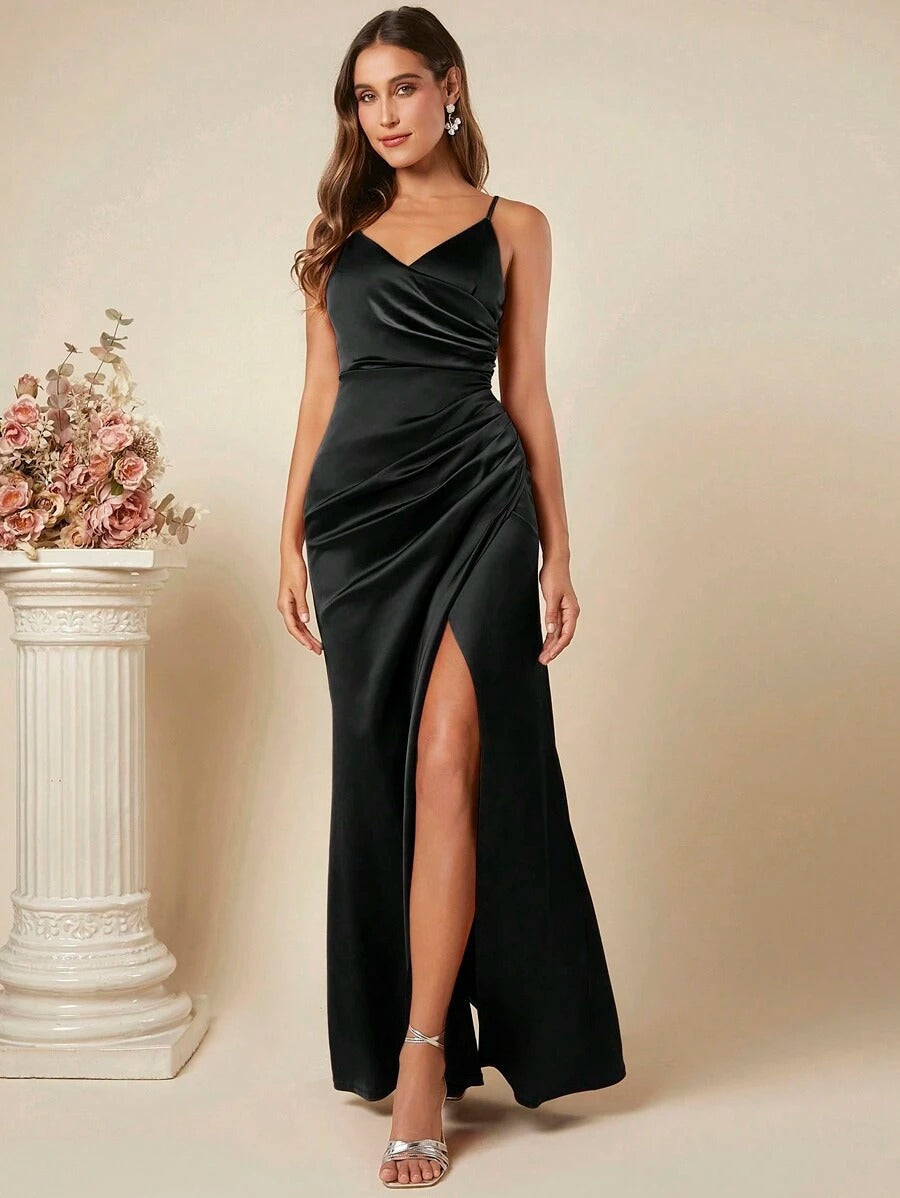 Women Spring Summer Satin Sling Dress Sexy Backless Pleated Dress Bridesmaid Dress