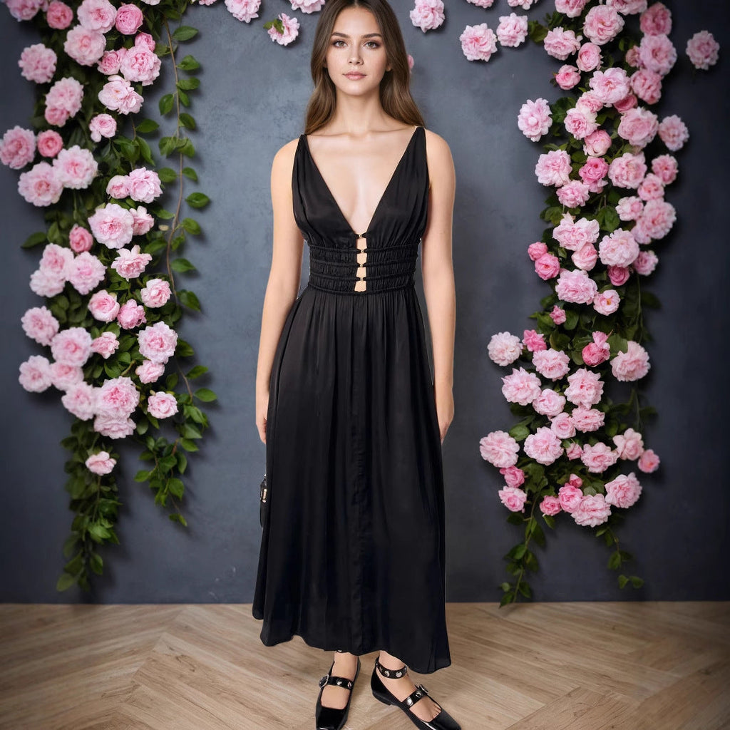 Elegant Sleeveless Deep V Plunge Black Camisole Maxi Dress Elegant High Grade Formal Dress Women Dress