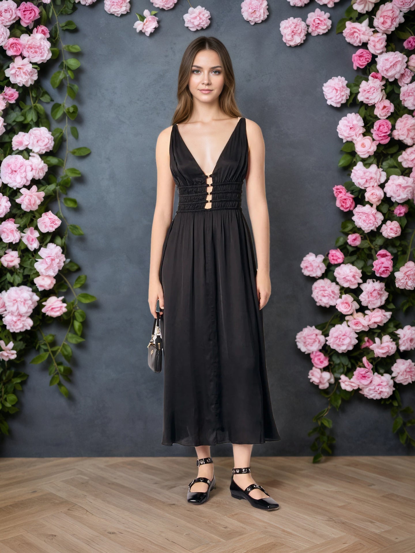 Elegant Sleeveless Deep V Plunge Black Camisole Maxi Dress Elegant High Grade Formal Dress Women Dress