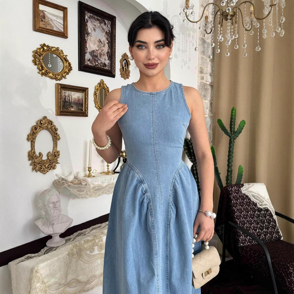 Summer Women Clothing Elegant Slimming Sleeveless Backless Denim Dress