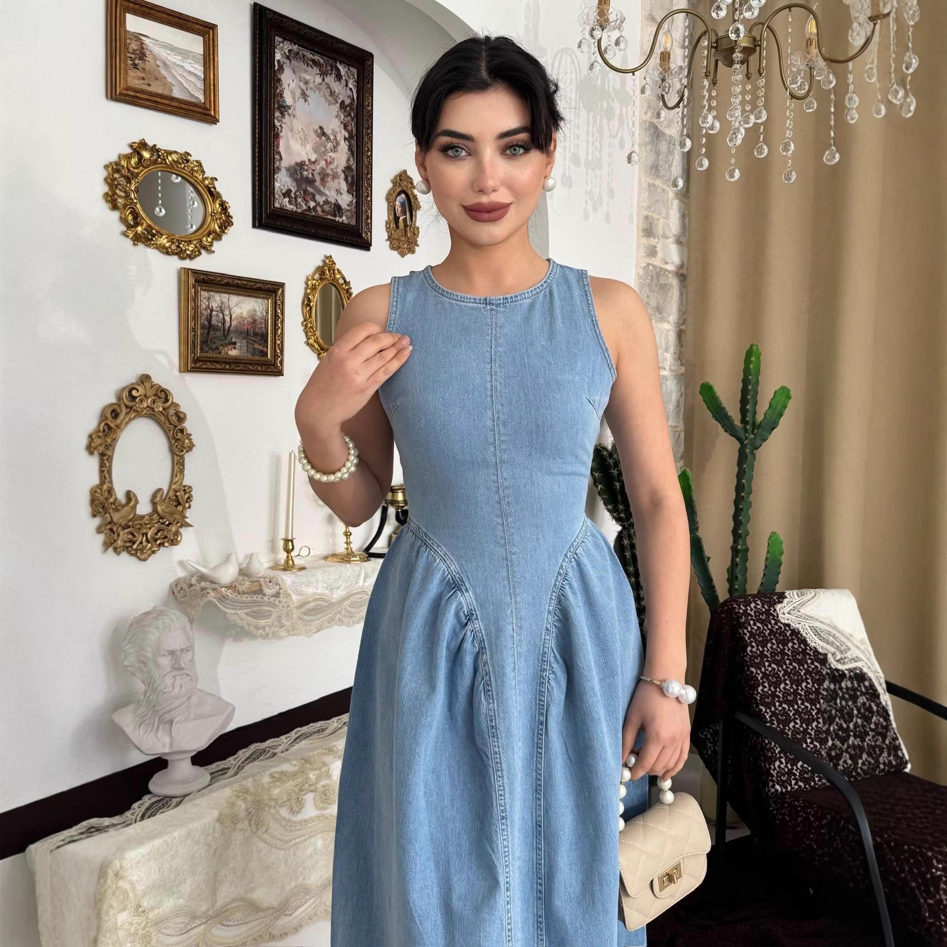 Summer Women Clothing Elegant Slimming Sleeveless Backless Denim Dress