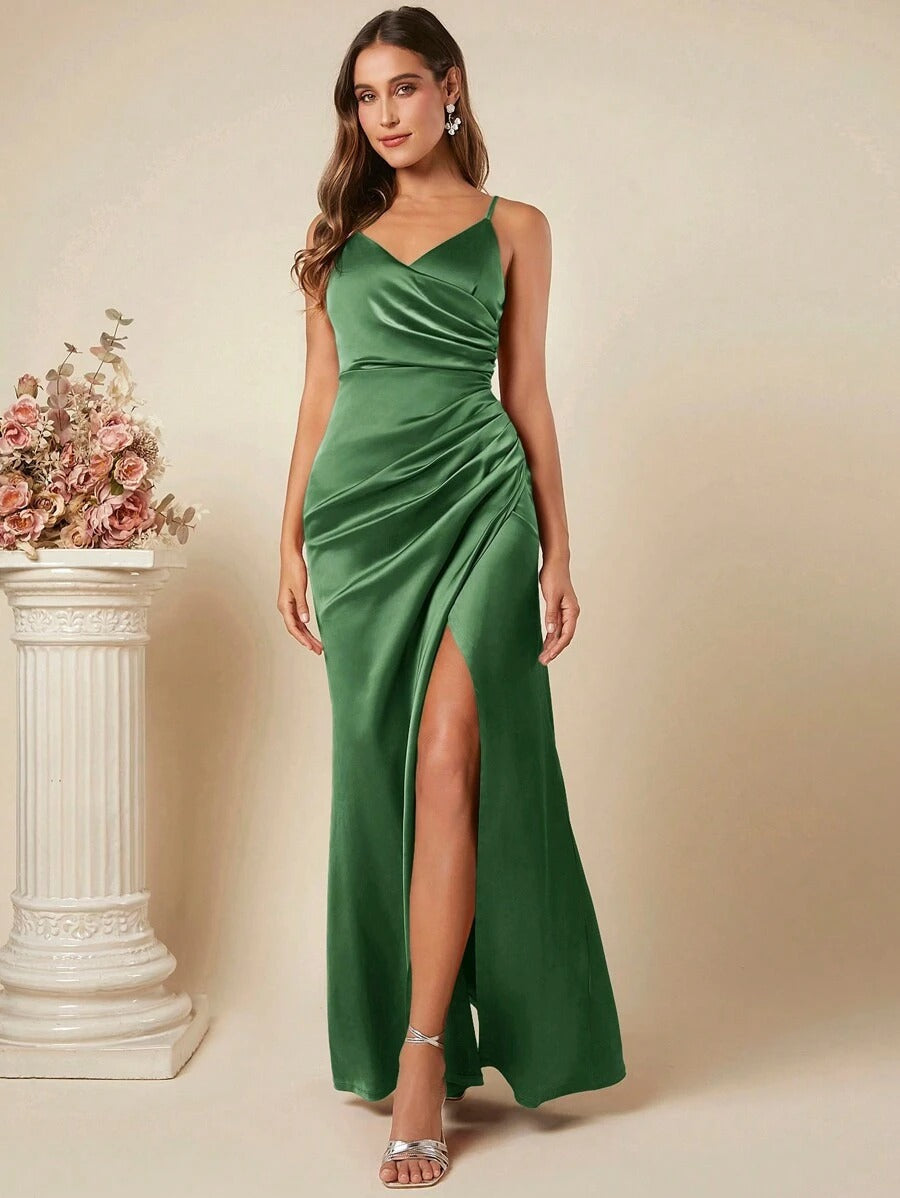 Women Spring Summer Satin Sling Dress Sexy Backless Pleated Dress Bridesmaid Dress
