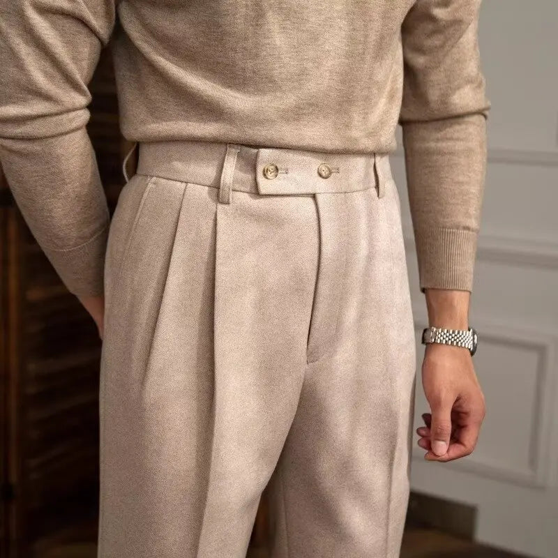 Classics Italian Naples Style Men's Suit Pants High Waisted Straight Fit Elegant Banquet Formal Business Thick Trousers Male