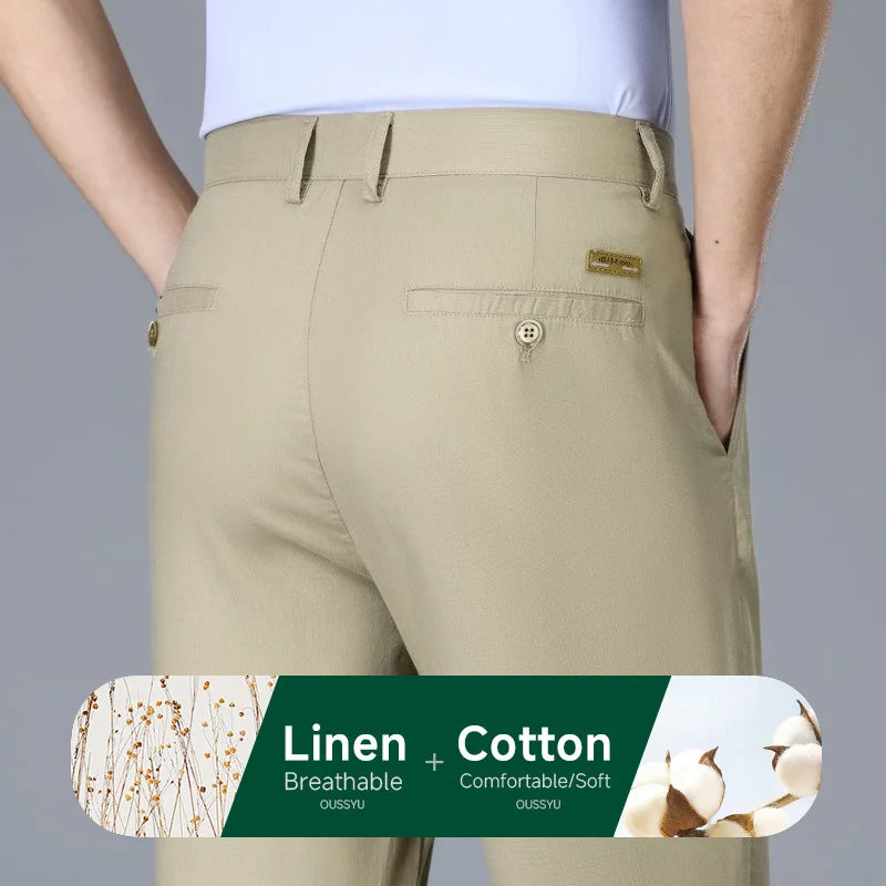 Summer Thin Breathable Cotton Linen Fabric Men's Suit Pants Business Straight Smooth Formal Trousers Male Plus Size 35 40 42