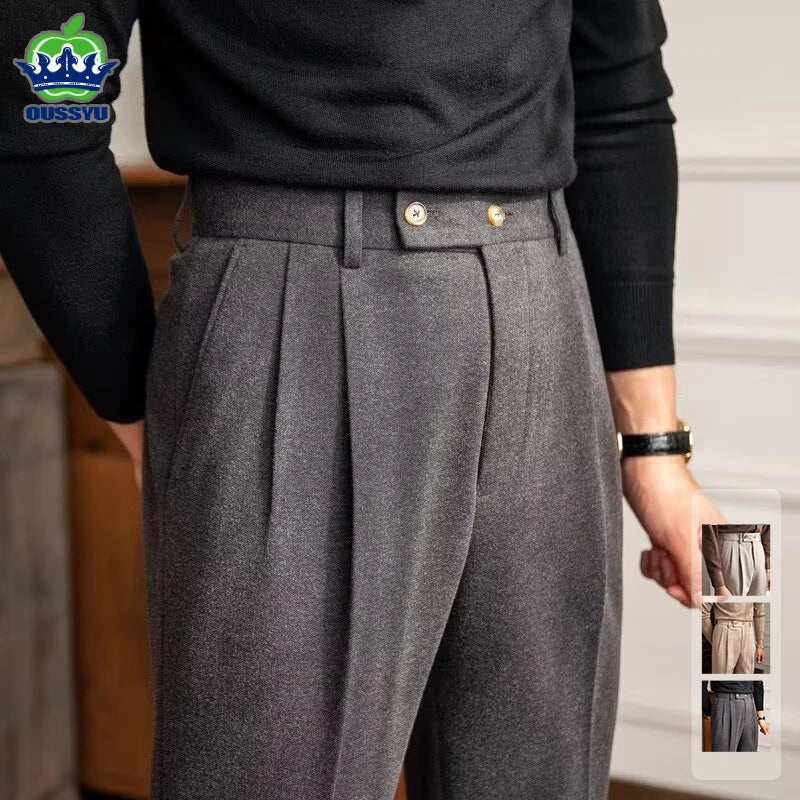 Classics Italian Naples Style Men's Suit Pants High Waisted Straight Fit Elegant Banquet Formal Business Thick Trousers Male