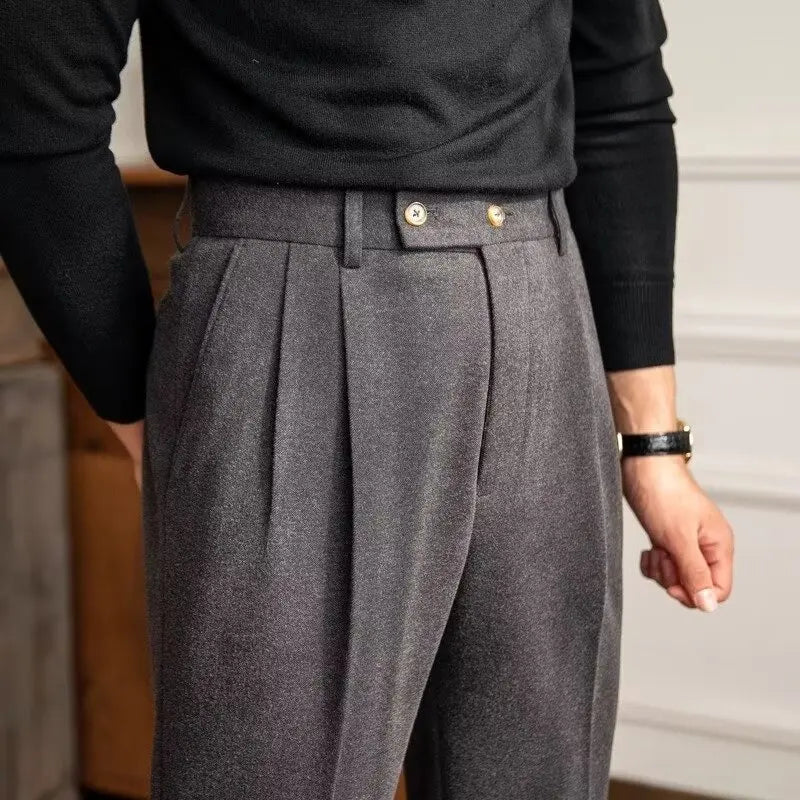 Classics Italian Naples Style Men's Suit Pants High Waisted Straight Fit Elegant Banquet Formal Business Thick Trousers Male