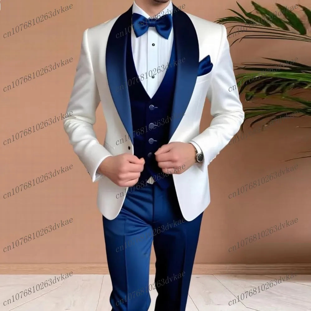 Acetate satin White And Navy Blue Men Suit Wedding Party Formal Groom Groomsman Prom Male Tuxedos 3 Piece Set Jacket Vest Pants