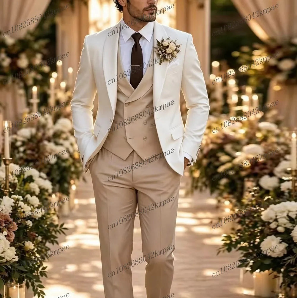 White And  Beige New Formal Men Suit Groom Groomsman Wedding Party Prom Business Male Tuxedos 3 Piece Set Blazer Vest Pants