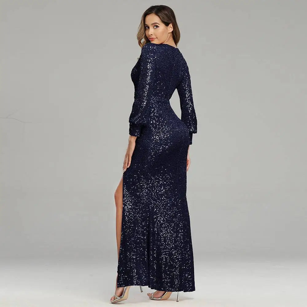 Fantasy Celebrity Sexy High Slit Sequined Evening Dress