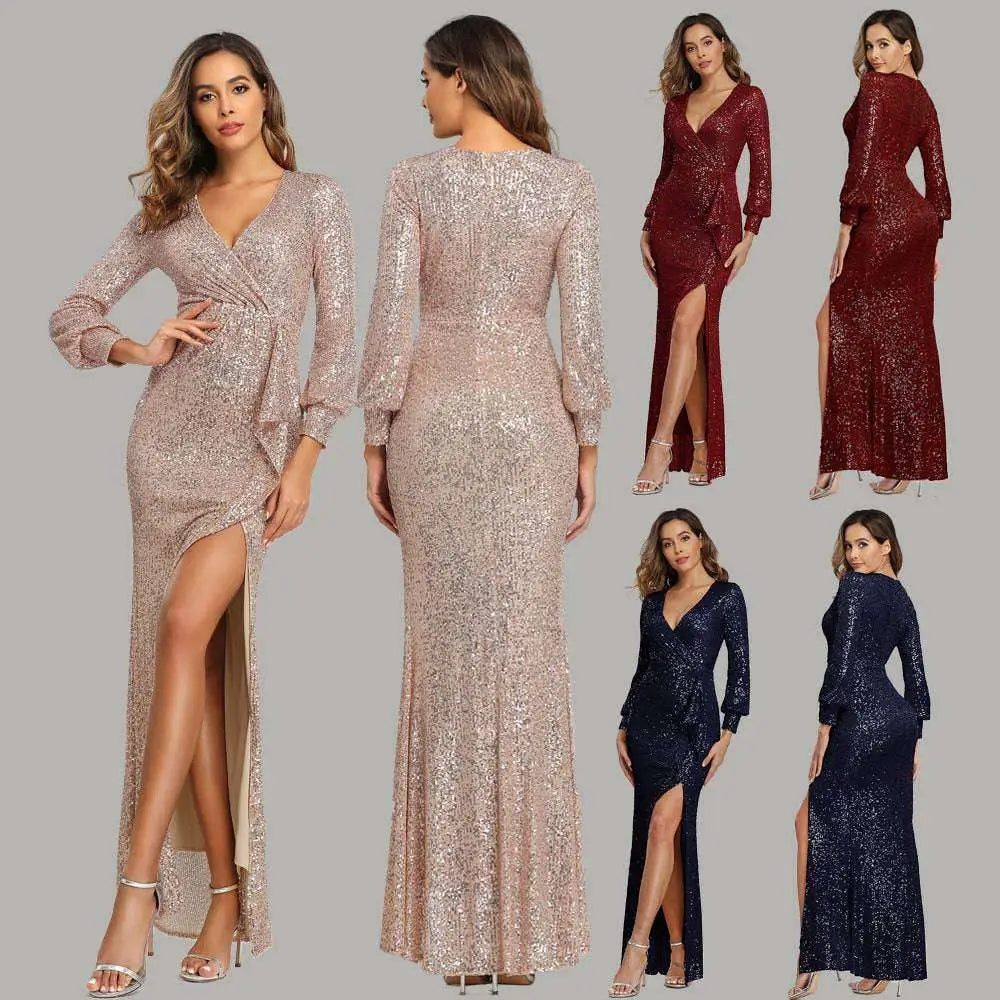 Fantasy Celebrity Sexy High Slit Sequined Evening Dress