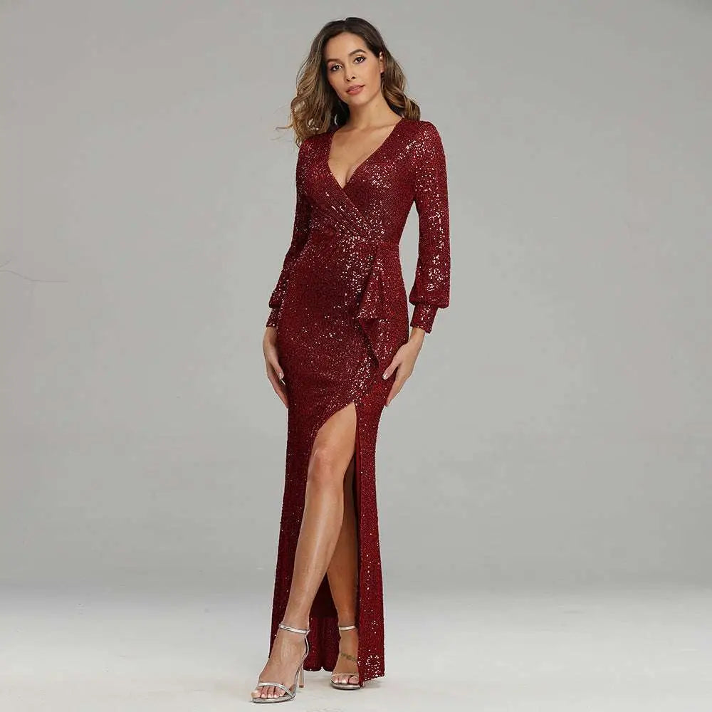 Fantasy Celebrity Sexy High Slit Sequined Evening Dress