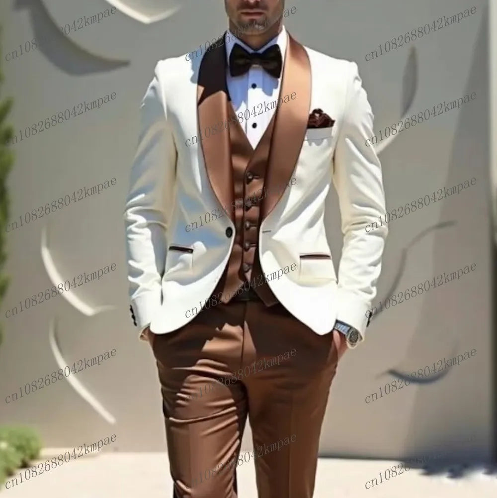 White And Brown Acetate Satin Men Suit Groom Groomsman Wedding Party Prom Business Male Tuxedos 3 Piece Set Blazer Vest Pants