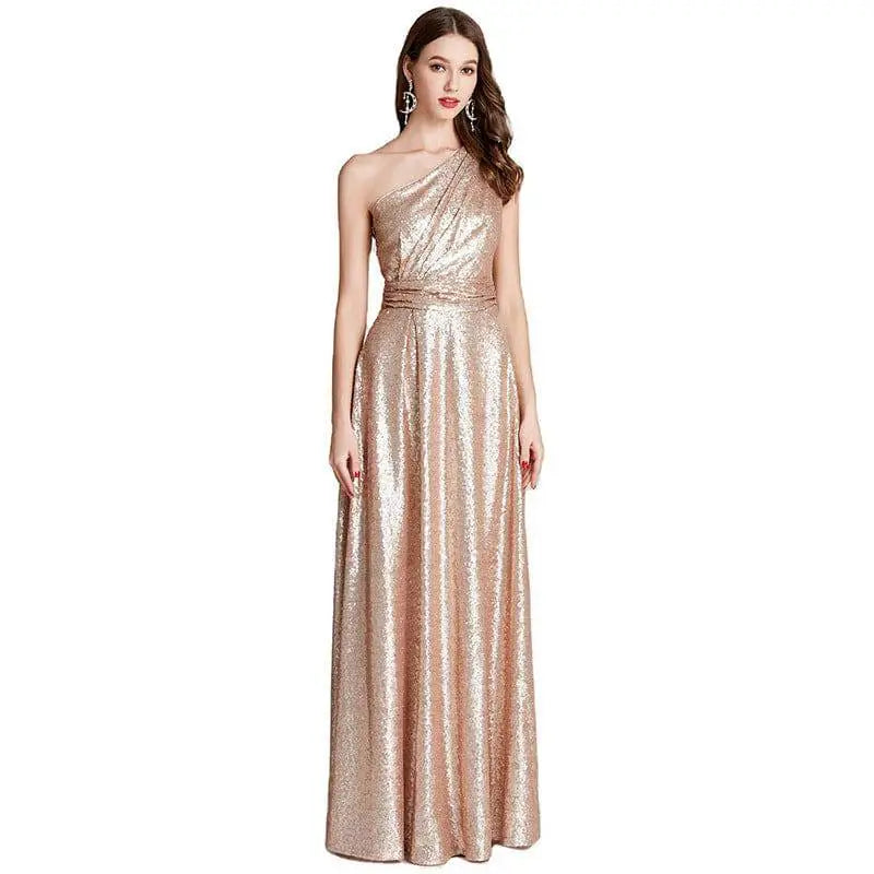 Rose Gold Sequined One Shoulder Large Bridesmaid Dress